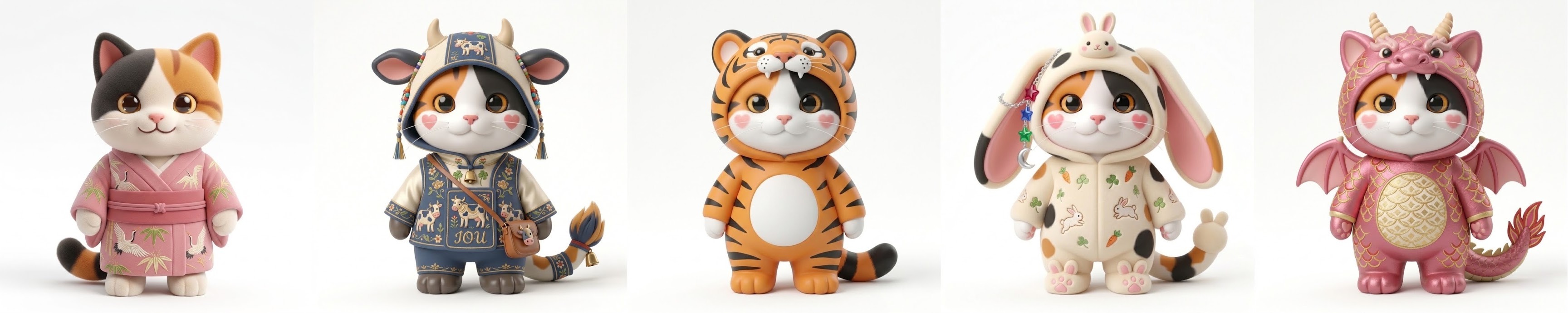 Sugar the calico kitten shown in five zodiac-themed costume skins in a row: a crane-print kimono, ox-herder outfit, tiger, rabbit hood and dragon