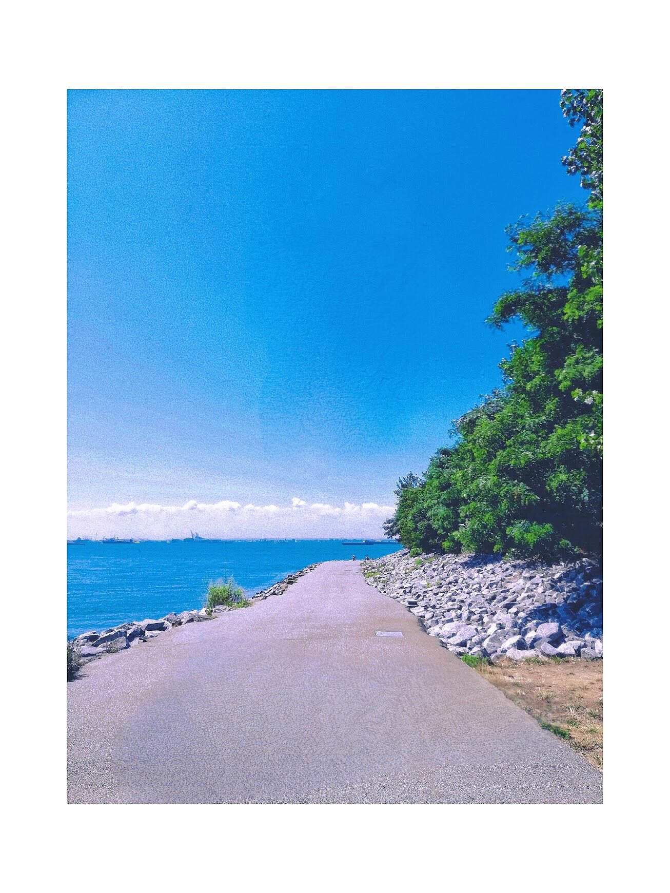 Coastal path along the water under a clear blue sky