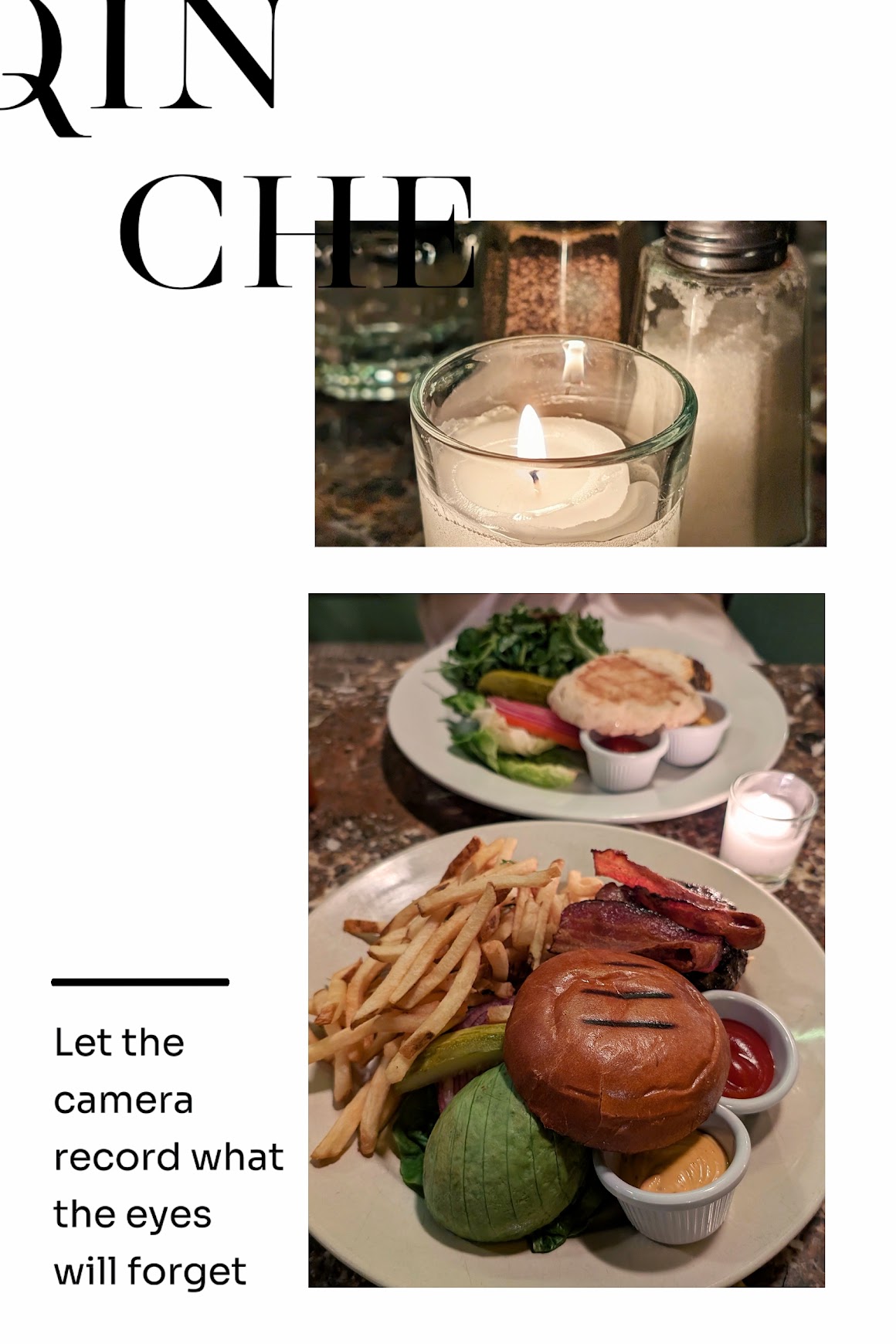 Collage of a candlelit table setting and a hearty burger and fries dinner, with the quote 'Let the camera record what the eyes will forget'