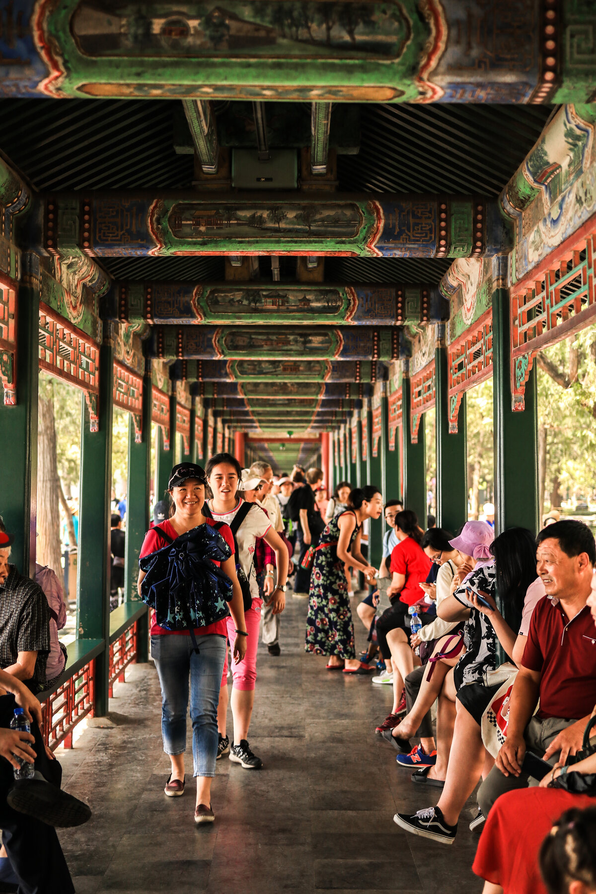 Long Corridor at the Summer Palace, Beijing, filled with visitors