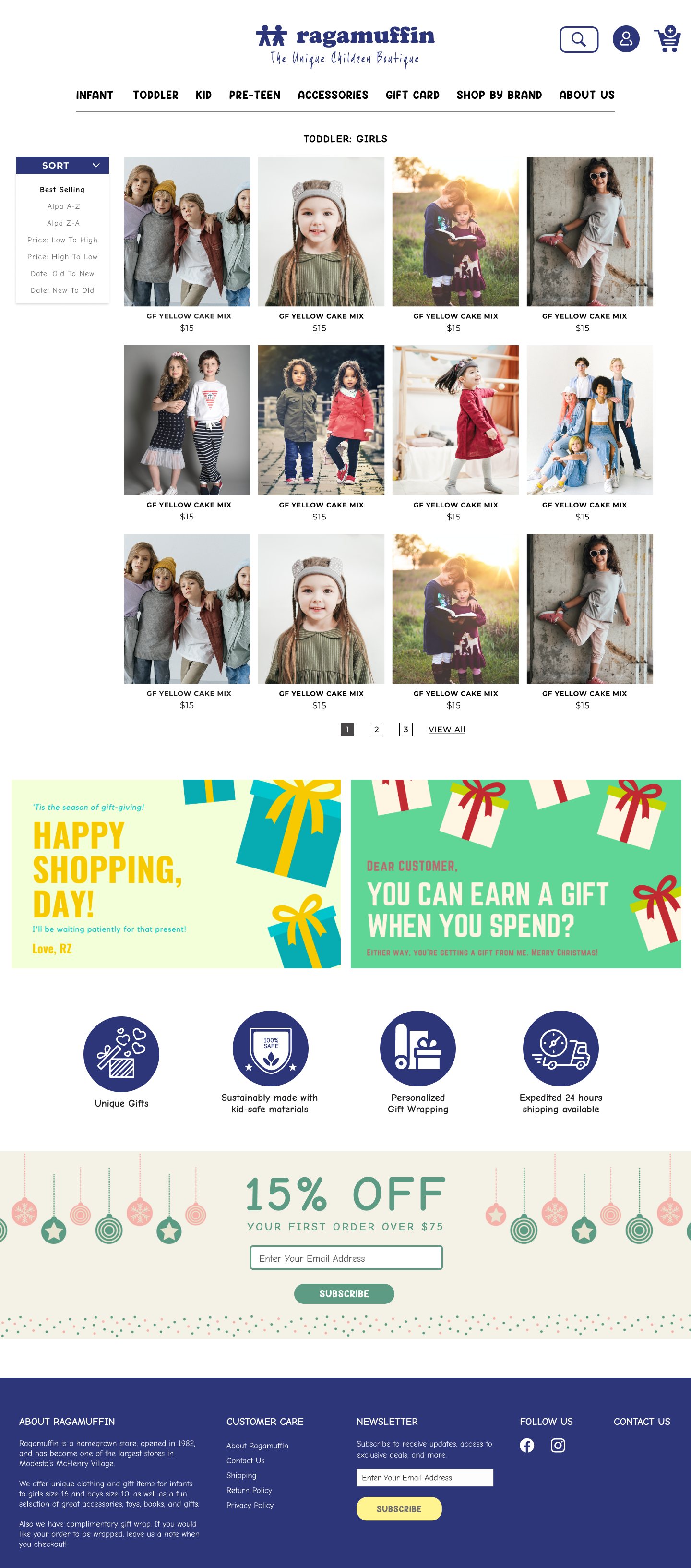 Ragamuffin toddler girls category page with a sort menu and product grid