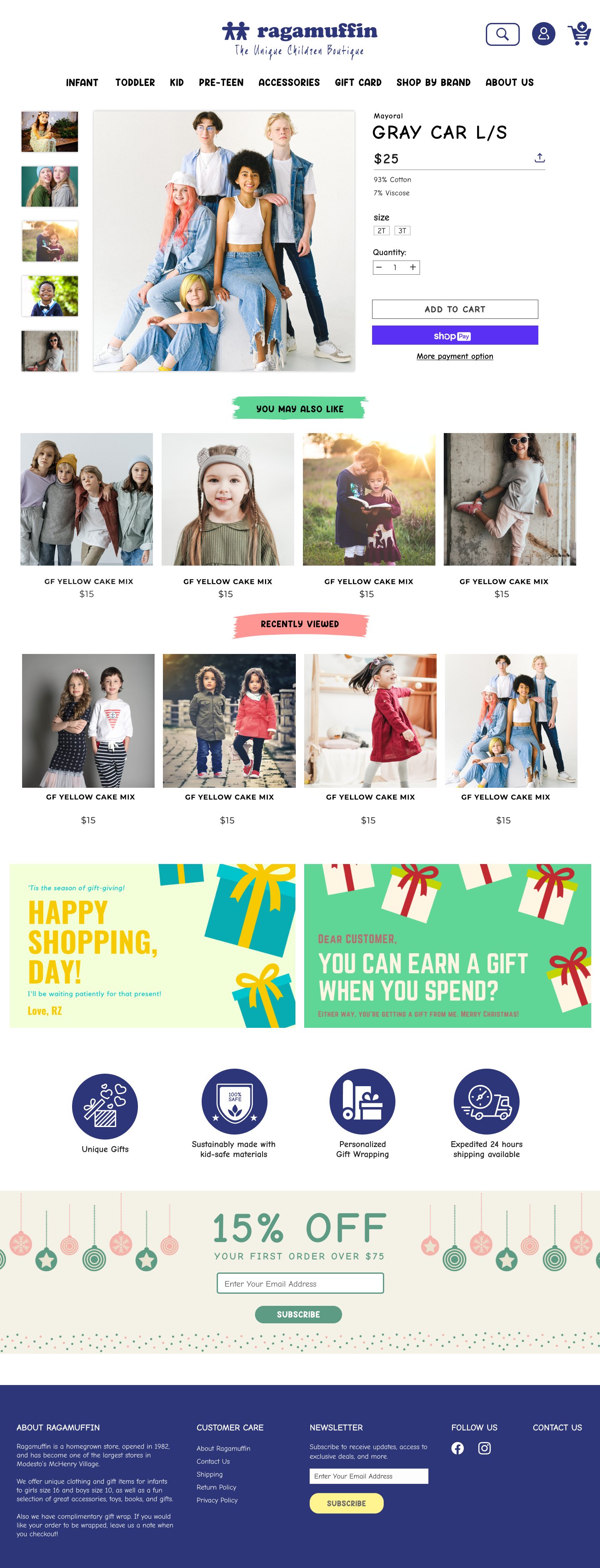 Ragamuffin item page with product photos, size and quantity options, and an add to cart button