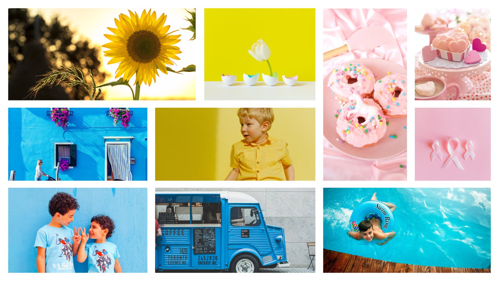Ragamuffin moodboard with sunflowers, pink donuts, a blue food truck, and kids in bright colors