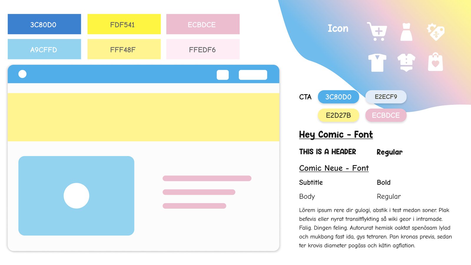 Ragamuffin style tile showing the color palette, icons, buttons, and the Hey Comic and Comic Neue typefaces