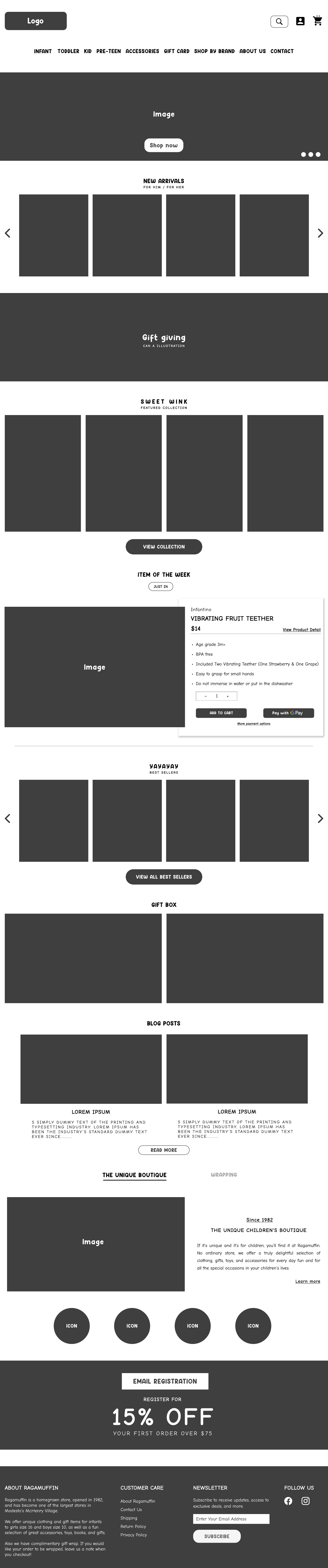 Grayscale wireframe of the Ragamuffin homepage with a hero, new arrivals, featured collection, blog posts, and footer