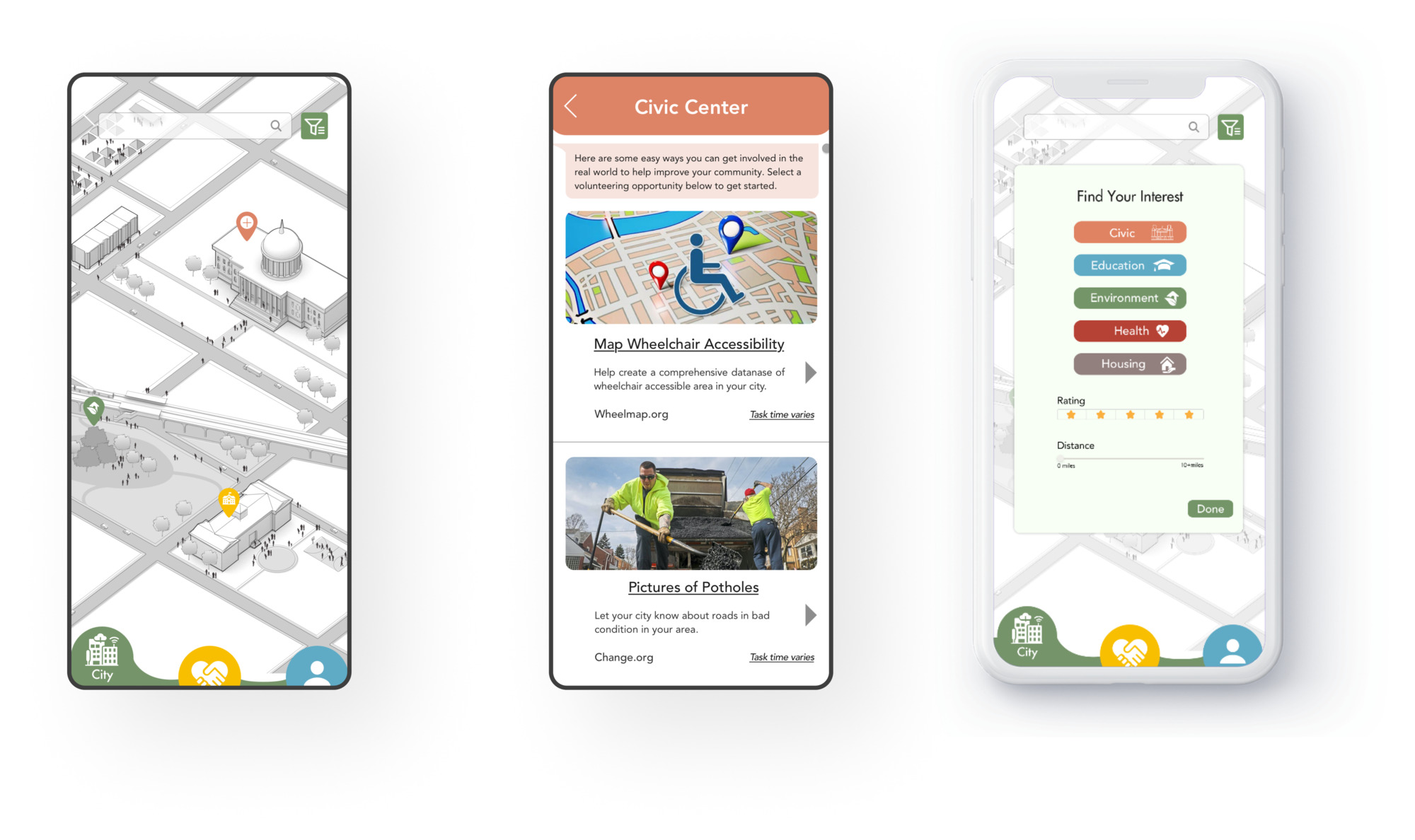 Voluntopia city map, civic center detail and find your interest filter screens