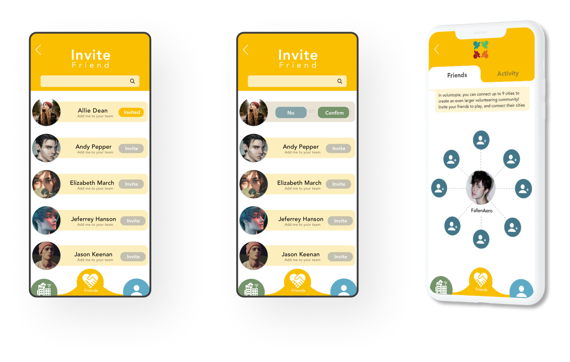 Voluntopia invite friend list, confirmation and friend network screens