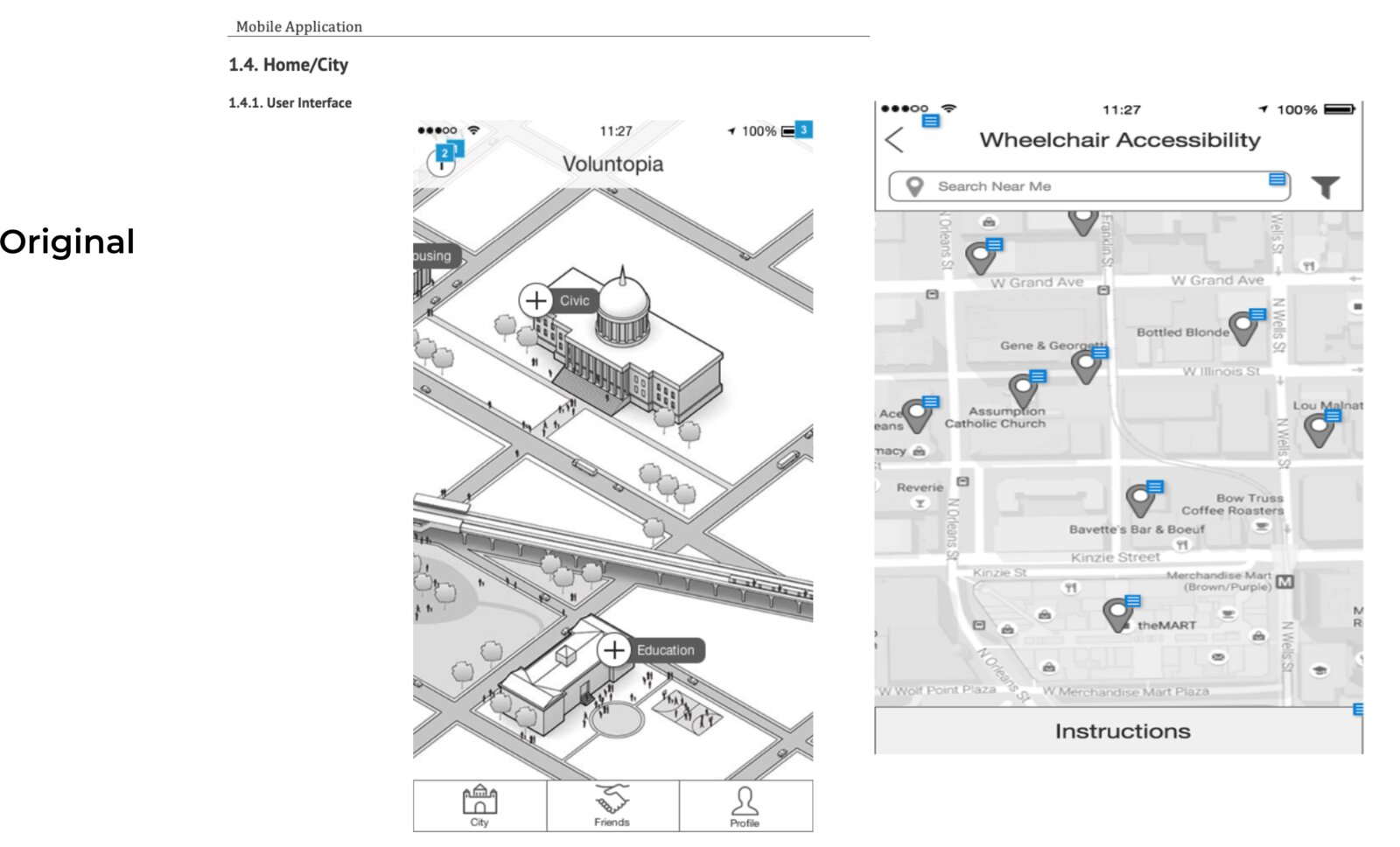 Voluntopia wireframes for the Home/City map screen and the Wheelchair Accessibility list view