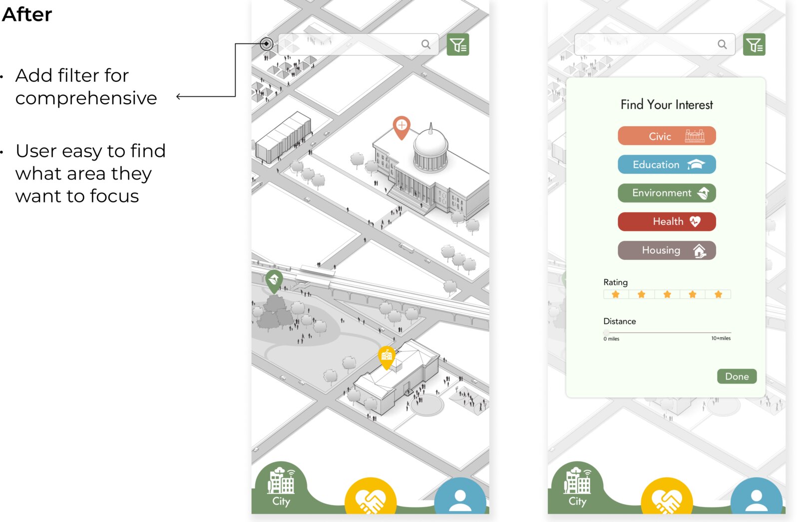 Voluntopia before and after showing the city map and the Find Your Interest filter panel