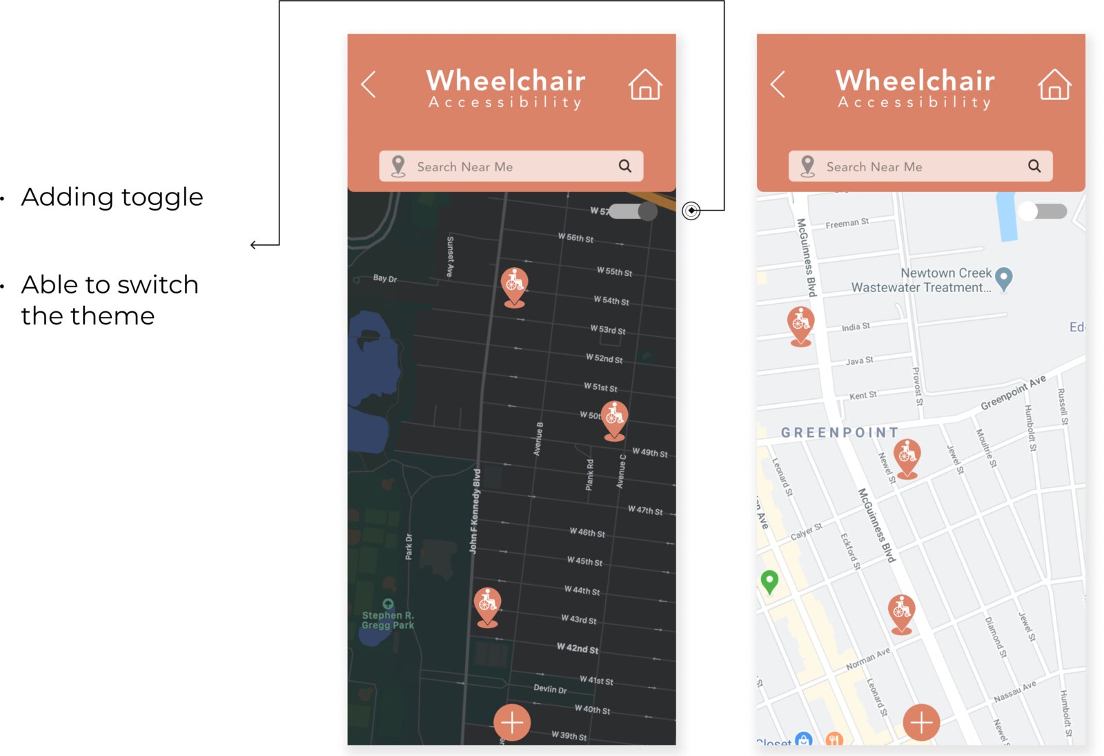 Voluntopia wheelchair accessibility map shown in dark mode and light mode side by side