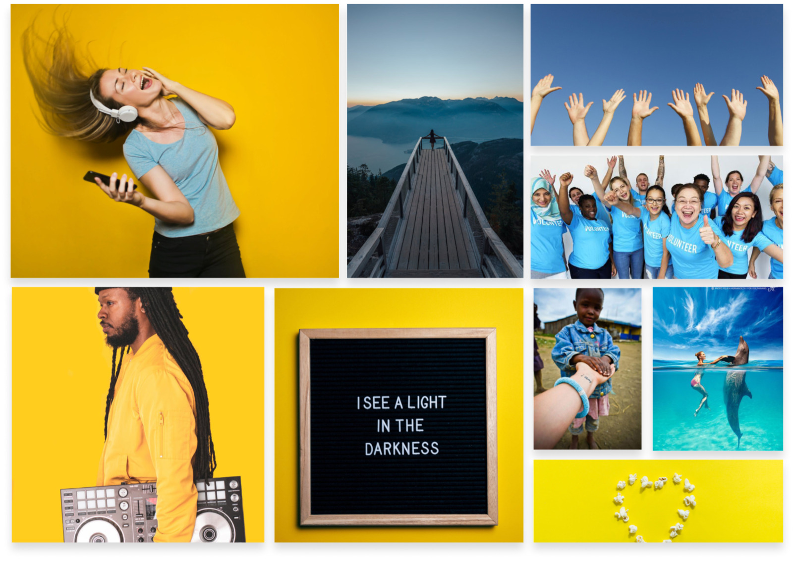 Voluntopia moodboard with warm, community-driven photography and a bold color palette